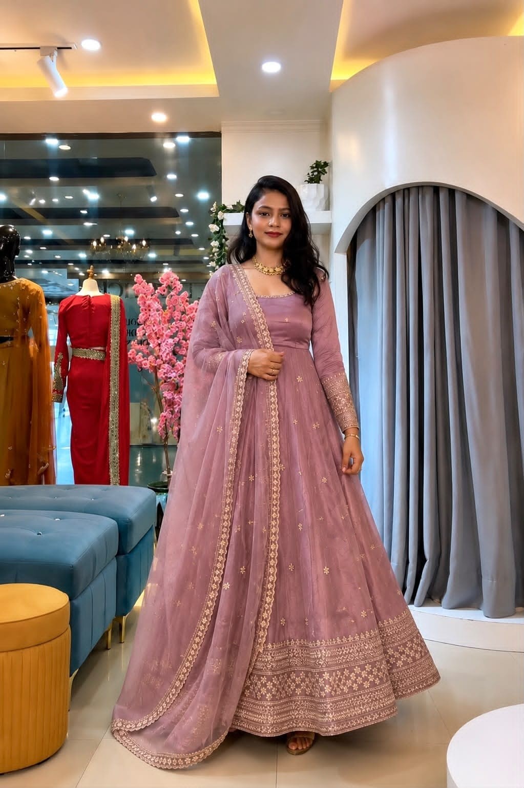 Crunchy Silk Fully Flared Embroidered Sequence Anarkali Set